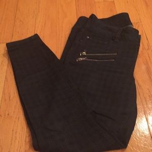 Green plaid faux zipper skinny jeans